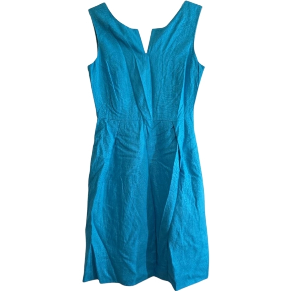 Kate Spade Linen Blend Blue Knee Length Dress 8 Notch Neck Pleat Waist Side Zip - Picture 2 of 8